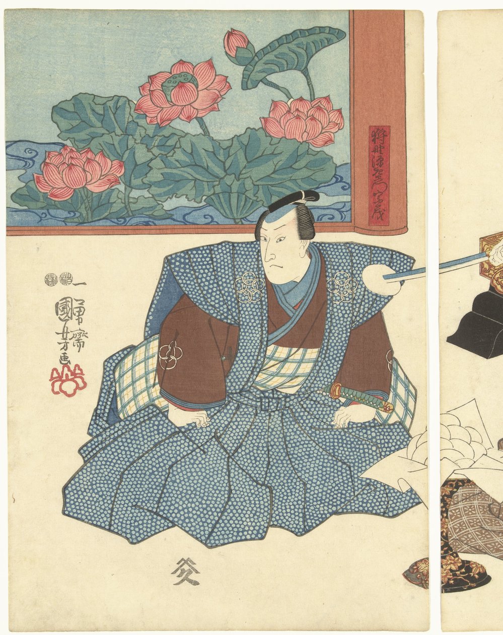 Kolme näyttelijää taittuvalla valkokankaalla tekijältä Utagawa Kuniyoshi