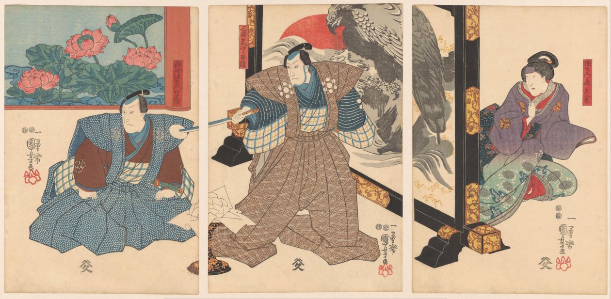 Kolme näyttelijää taittuvalla valkokankaalla tekijältä Utagawa Kuniyoshi