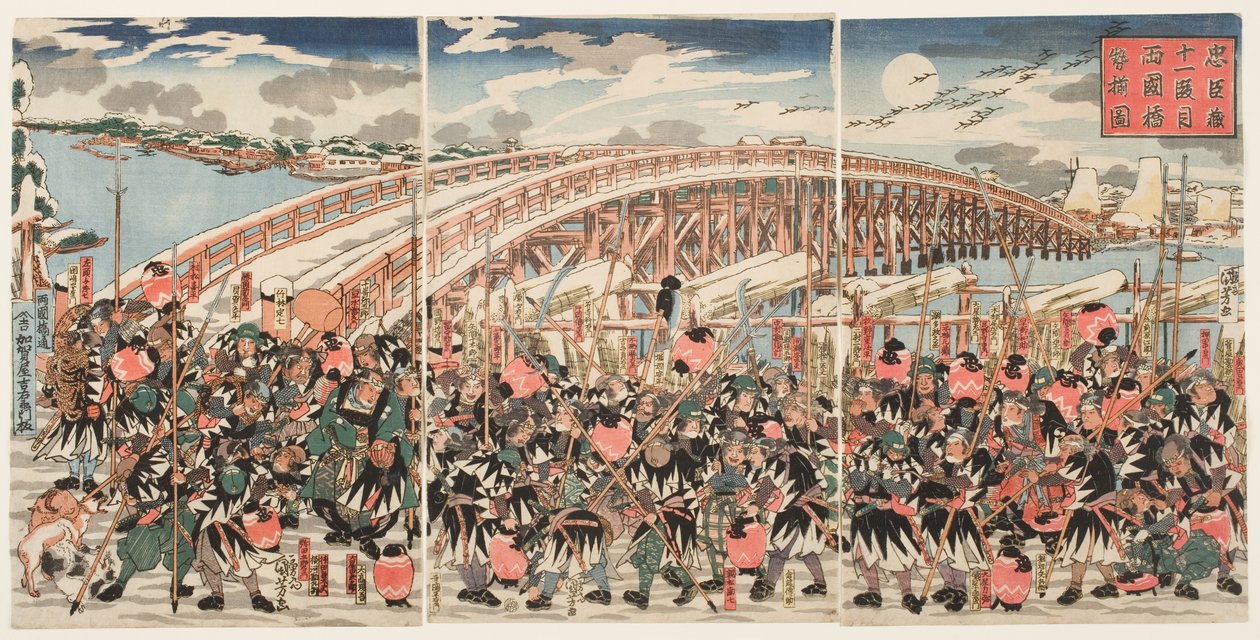 Chushinguran yhdestoista laki: Uskolliset suojelijat kokoontuvat Ryogokun sillalle... tekijältä Utagawa Kuniyoshi