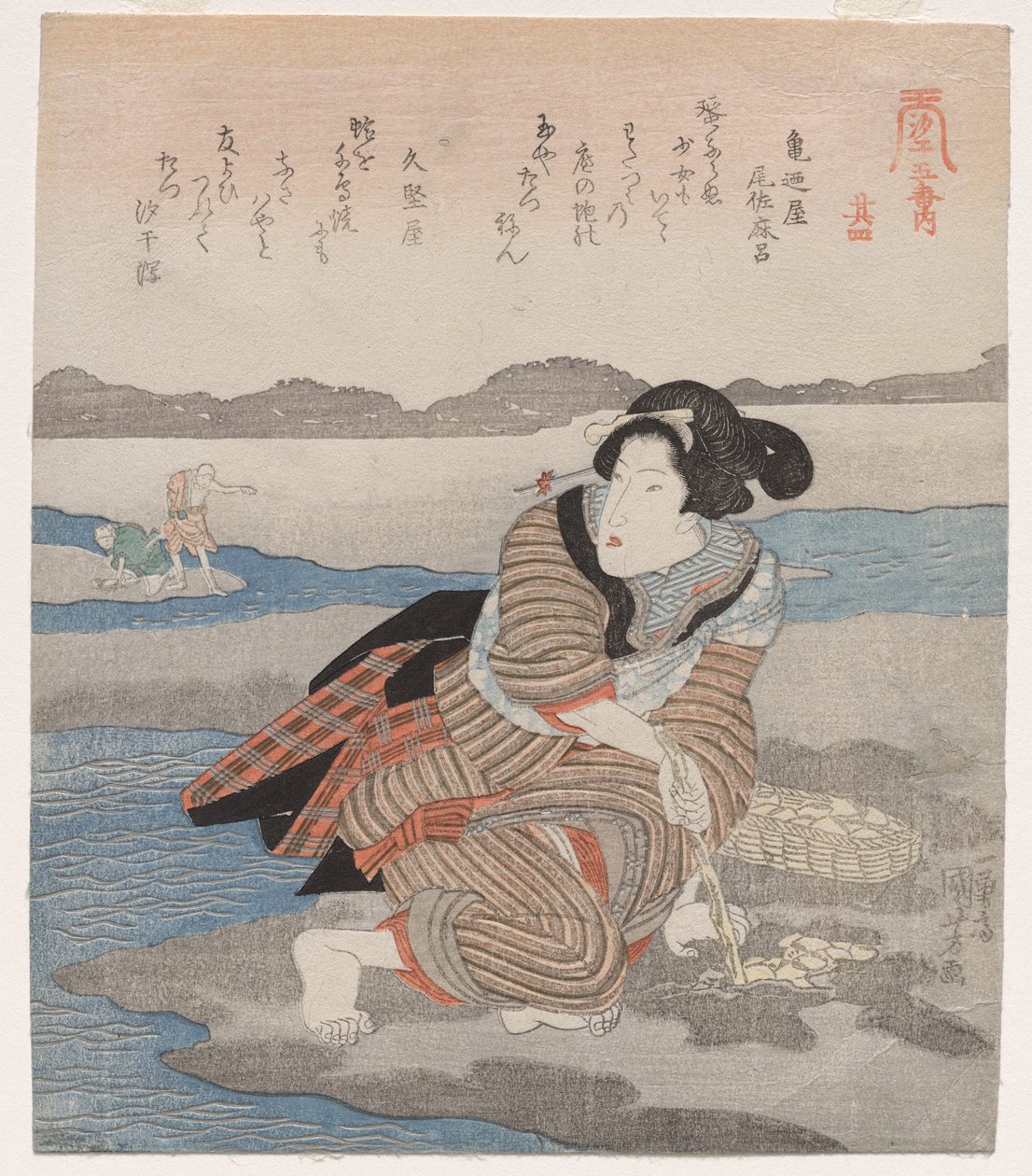Nainen kaivaa simpukoita; sarjasta Five Pictures of Low Tide tekijältä Utagawa Kuniyoshi