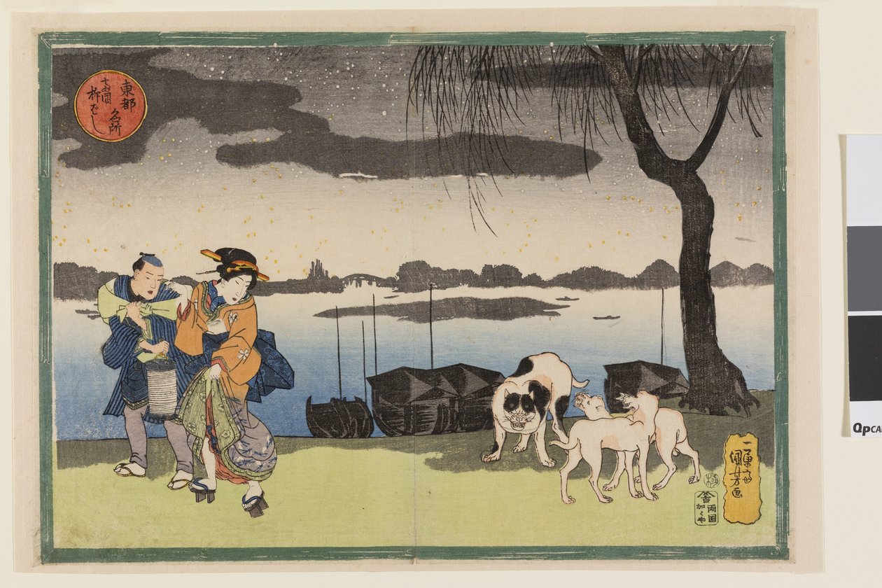 Geisha, hoitaja ja kolme koiraa lähellä Yanagi-siltaa Ryogokussa, sarjasta Kuuluisia näkymiä itäisestä pääkaupungista, noin 1834 (värillinen puupiirros "nishiki-e"; muste ja väri paperille). tekijältä Utagawa Kuniyoshi