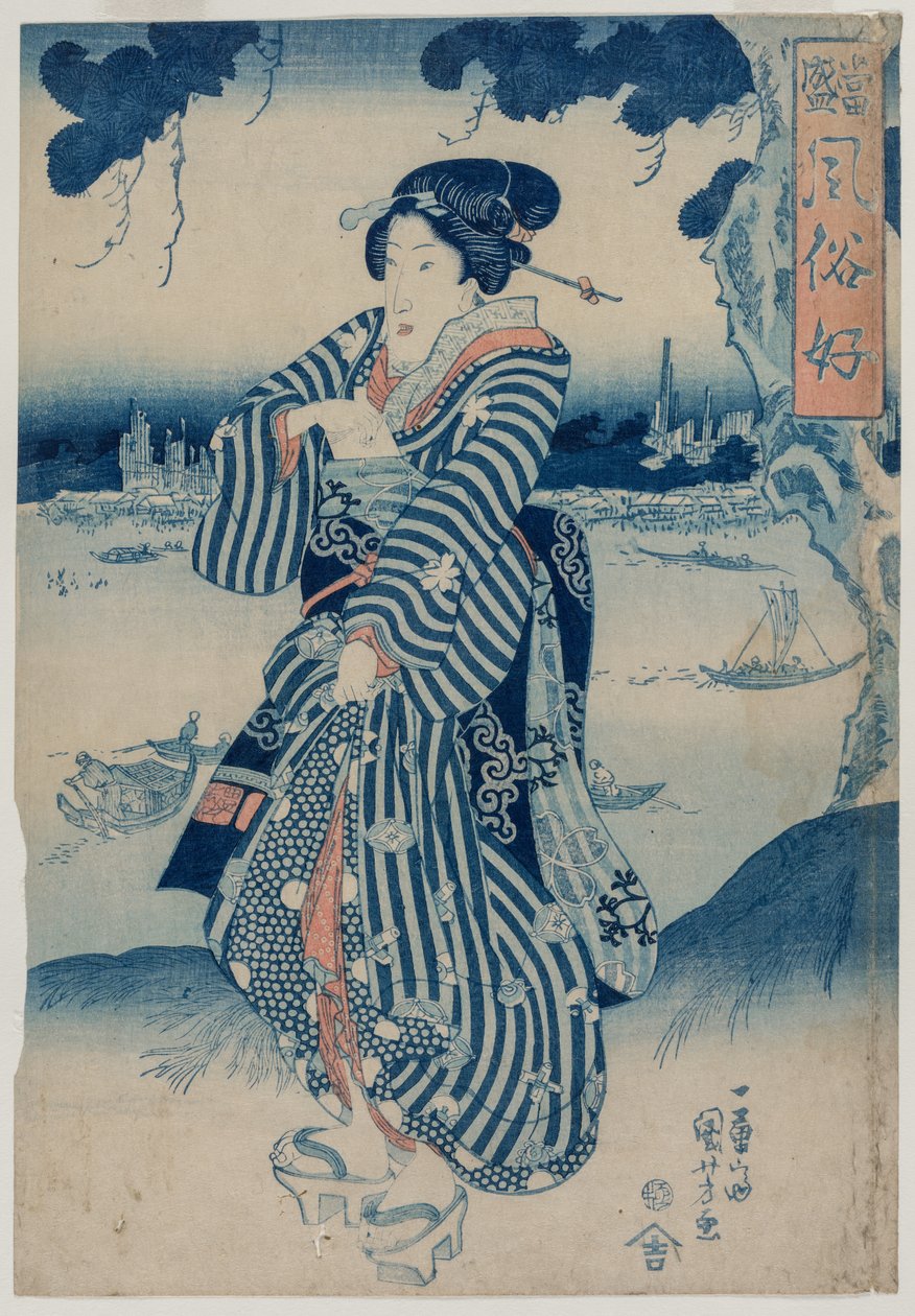 Geisha seisoo Sumida-joen rannalla..., 1830-luvun alku. tekijältä Utagawa Kuniyoshi
