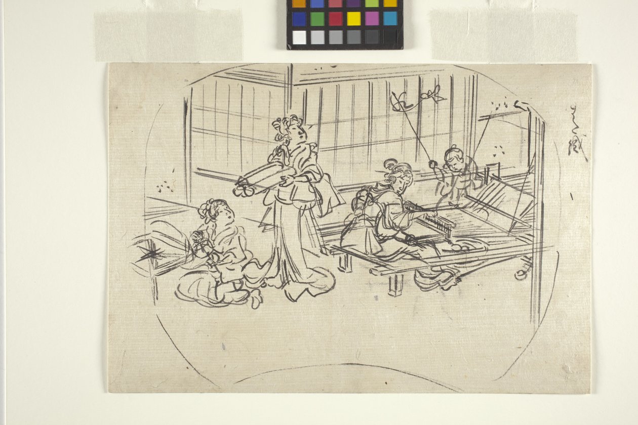 Hataori (kudonta kangaspuulla) (muste paperille) tekijältä Utagawa Kuniyoshi