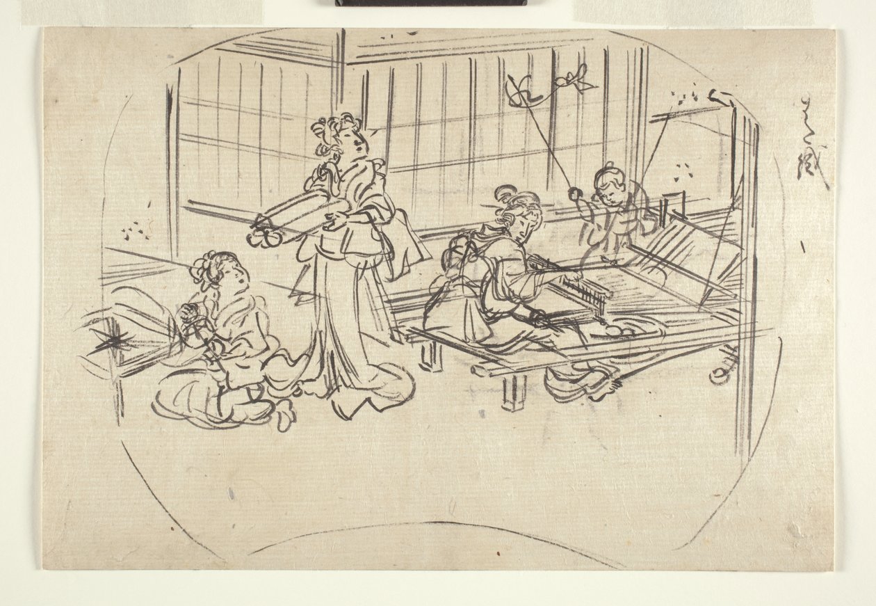 Hataori (kudonta kangaspuulla) n. 1840 (muste paperille) tekijältä Utagawa Kuniyoshi