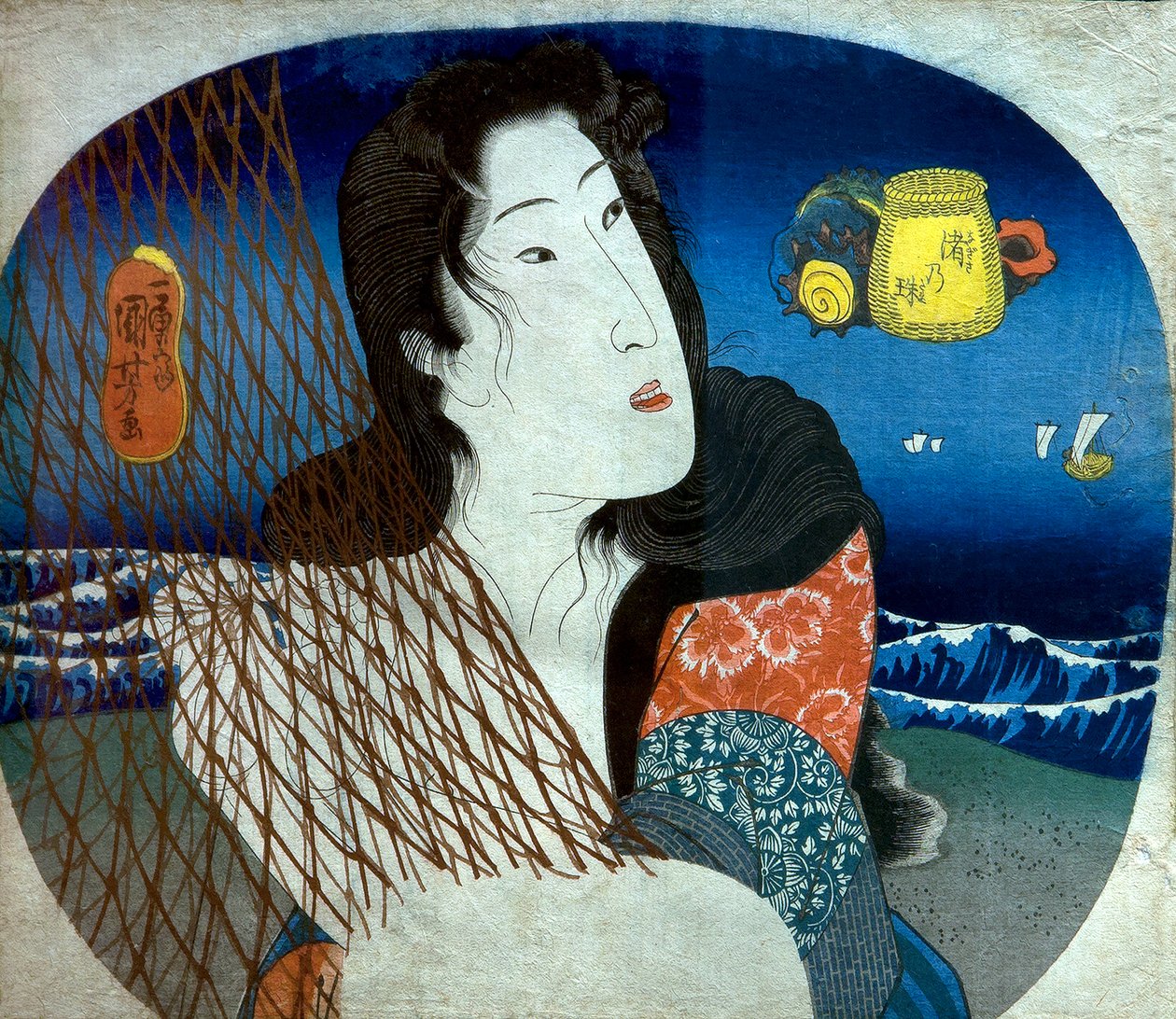Merenrannan helmi (Nagisa no tama), n. 1836 tekijältä Utagawa Kuniyoshi