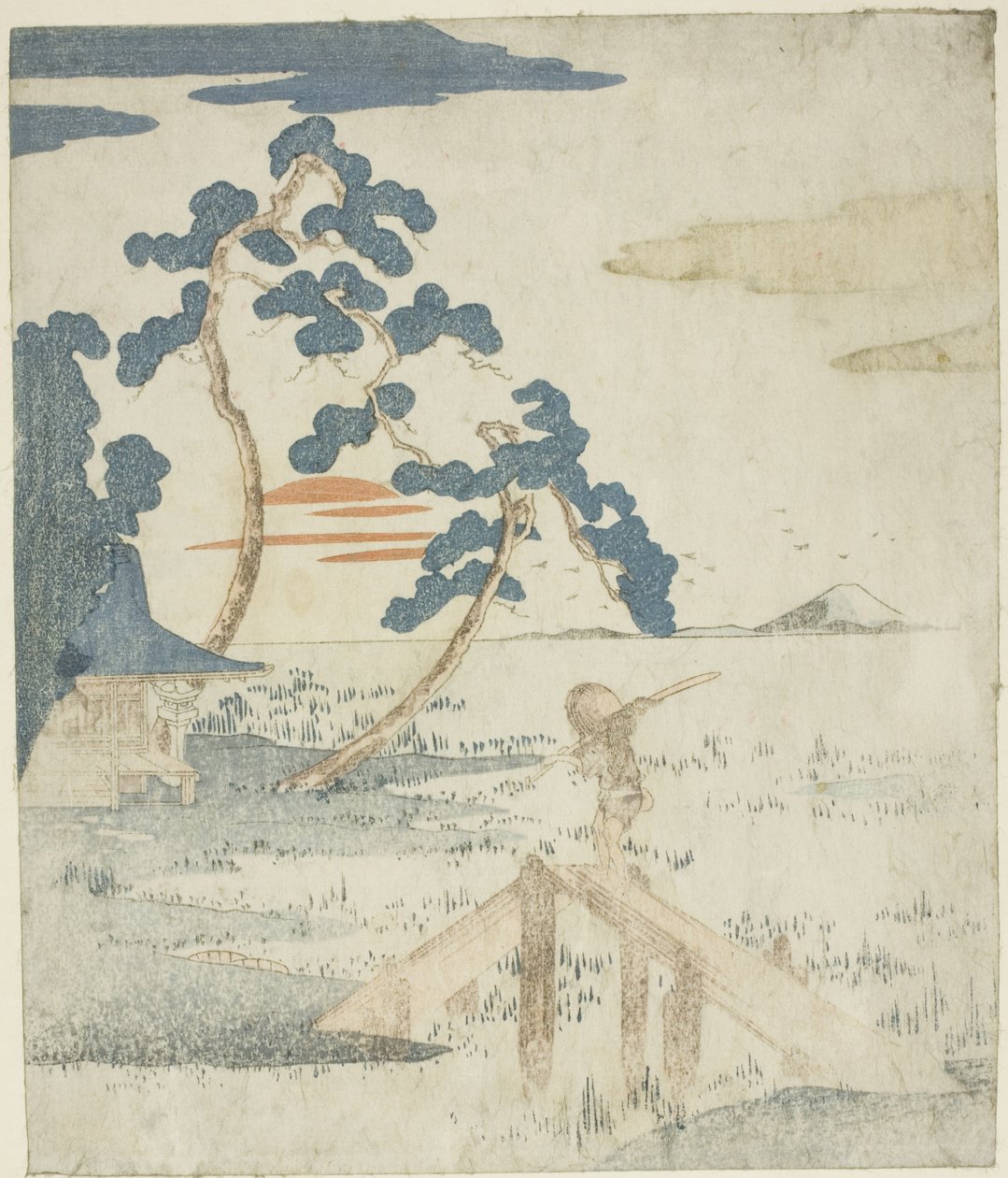 Mies ylittää sillan auringon noustessa, nimettömästä painoksesta (ilman runoutta) kuvista sarjaan "Five Prints of Fuji (Fuji goban no uchi)" tekijältä Utagawa Kuniyoshi