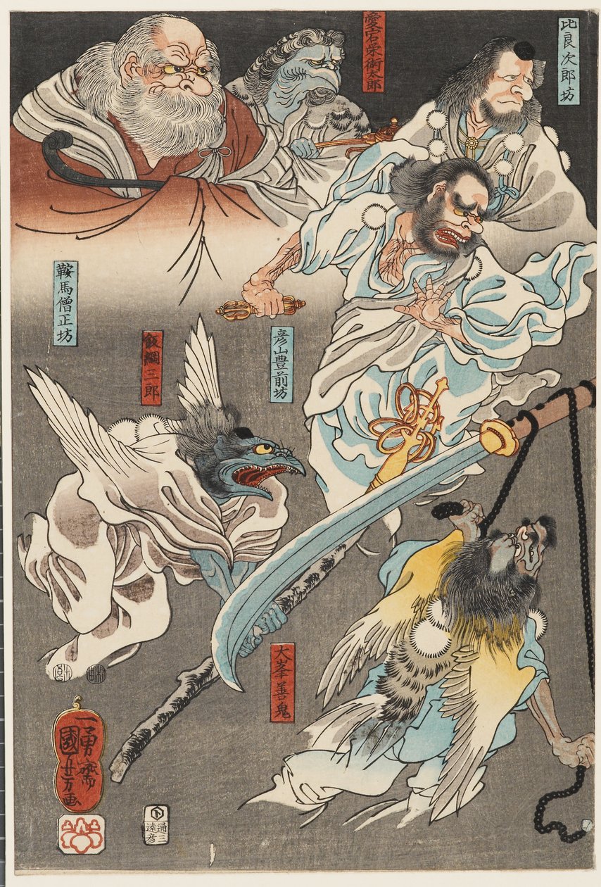 Minamoto Yoshitsune taistelee Benkeitä vastaan ​​Gojōn sillalla tengudemonien avulla tekijältä Utagawa Kuniyoshi