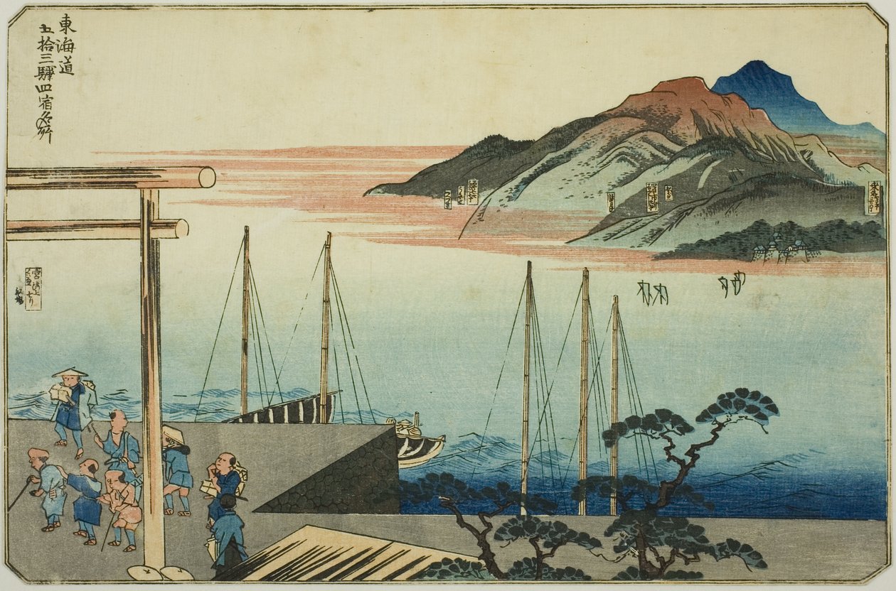 Miya, Kuwana, Yokkaichi ja Ishiyakushi sarjasta "Kuuluisia paikkoja Tokaidon 53 asemalla, neljä asemaa (Tokaido gojusan eki yonshuku meisho)" tekijältä Utagawa Kuniyoshi