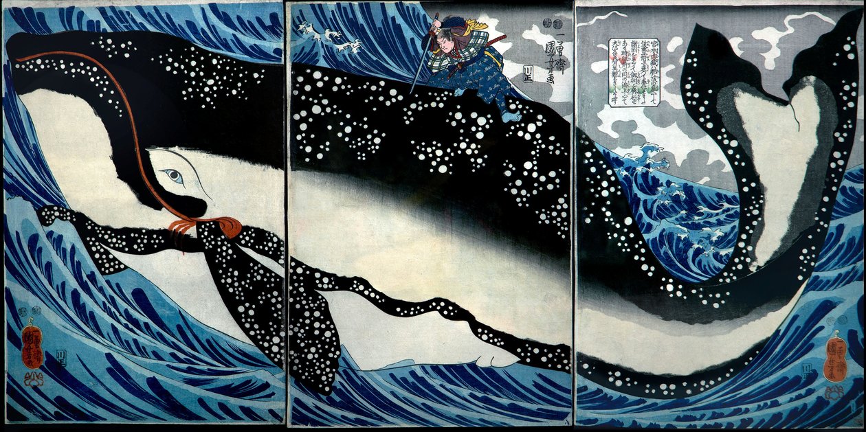 Miyamoto Musashi tappaa valtavan valaan, n. 1847 tekijältä Utagawa Kuniyoshi