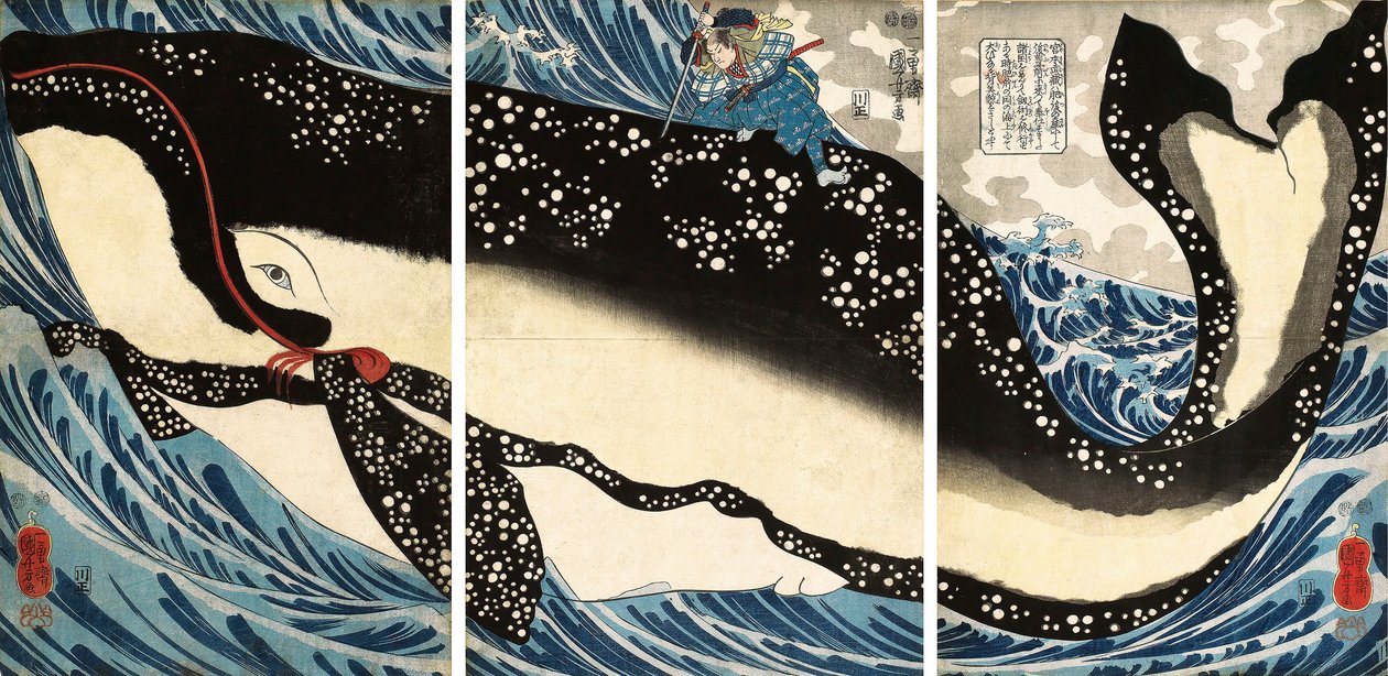 Miyamoto no Musashi hyökkää jättivalaan kimppuun tekijältä Utagawa Kuniyoshi