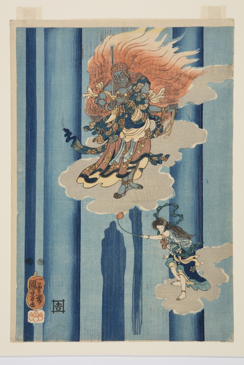 Mongaku Shonin vesiputouksen alla (keskellä) (värillinen puupainatus) tekijältä Utagawa Kuniyoshi