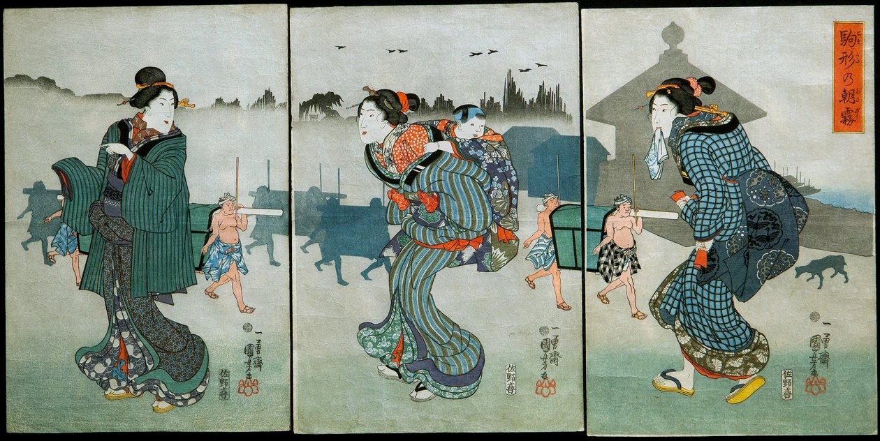 Morning Mist at Komagata (Komagata no asagiri): Neljän vuodenajan huvit (Shiki yūkan), n. 1846 tekijältä Utagawa Kuniyoshi