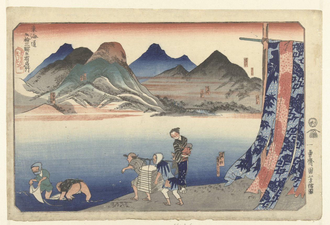 Narumi Chiriyulle Useita kuuluisia paikkoja Tokaidolla kerralla (sarjan nimi) Tokaido gojusan eki goshuku meisho (sarjan nimi esineessä) tekijältä Utagawa Kuniyoshi