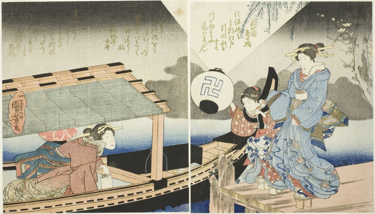 Yöasetelma huviveneellä tekijältä Utagawa Kuniyoshi