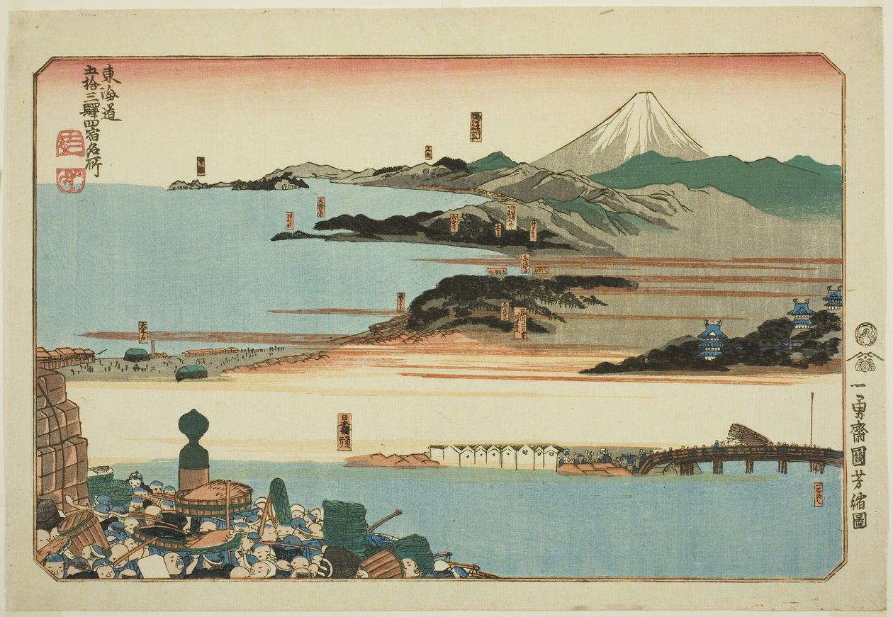 Nihonbashi, Shinagawa, Kawasaki ja Kanagawa sarjasta "Famous Places on the Fifty-3 Station of the Tokaido, Four Station (Tokaido gojusan eki yonshuku meisho)" tekijältä Utagawa Kuniyoshi