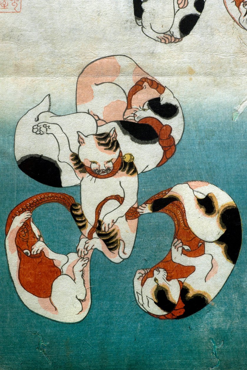 Octopus-sarjan kissat muodostavat kirjallisia hahmoja (Neko no ateji), n. 1842 tekijältä Utagawa Kuniyoshi
