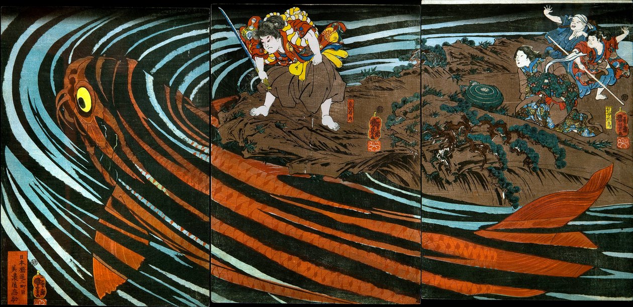 Oniwaka-maru hyökkäämässä hirviömäistä karppia vastaan tekijältä Utagawa Kuniyoshi