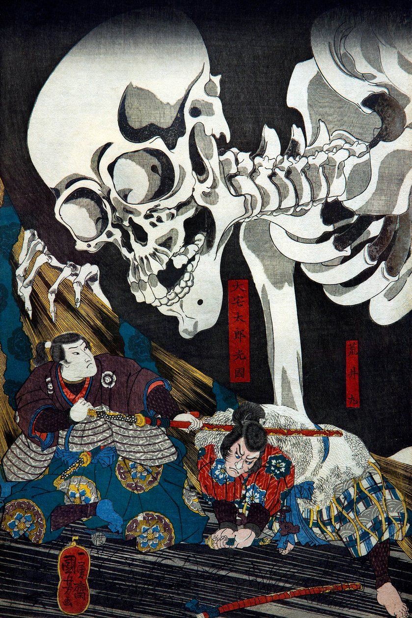 Prinsessa Takiyasha kutsuu hirviömäisen luuranko-aakelun Sōman vanhassa palatsissa, n. 1845-46 tekijältä Utagawa Kuniyoshi