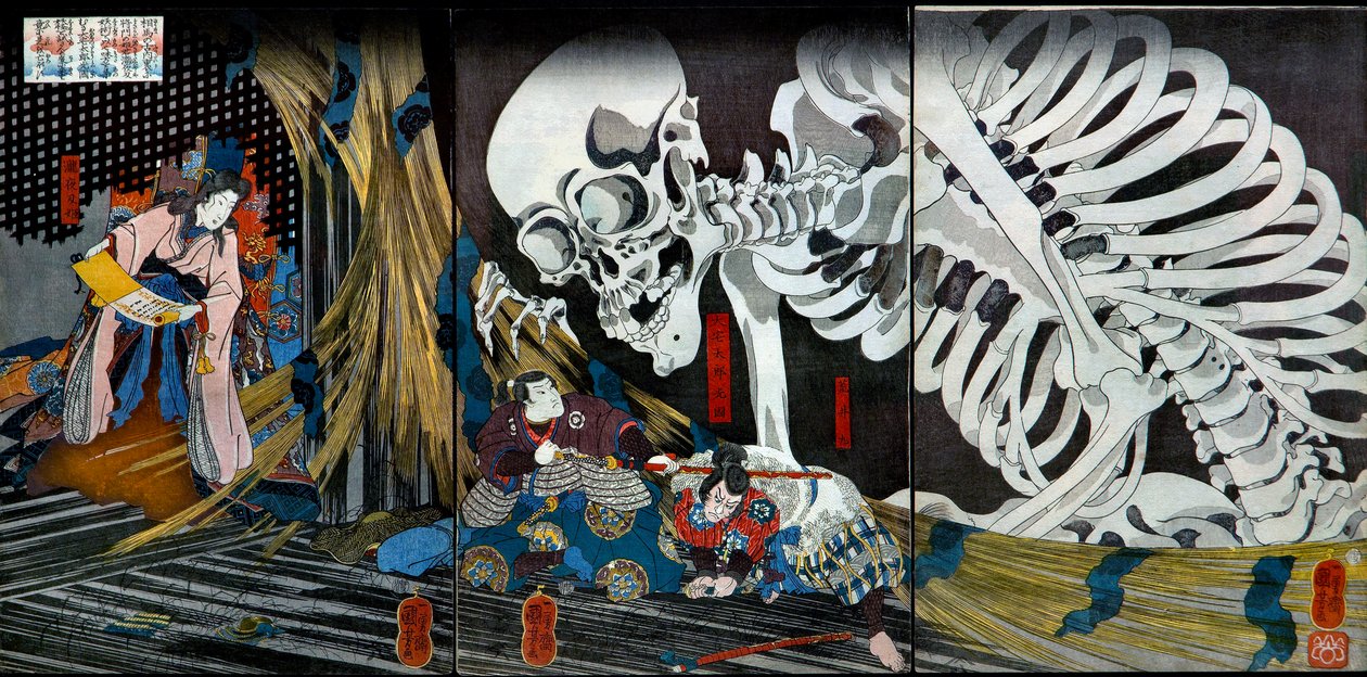 Prinsessa Takiyasha kutsuu hirviömäisen luuranko-aakelun Sōman vanhassa palatsissa, n. 1845-46 tekijältä Utagawa Kuniyoshi