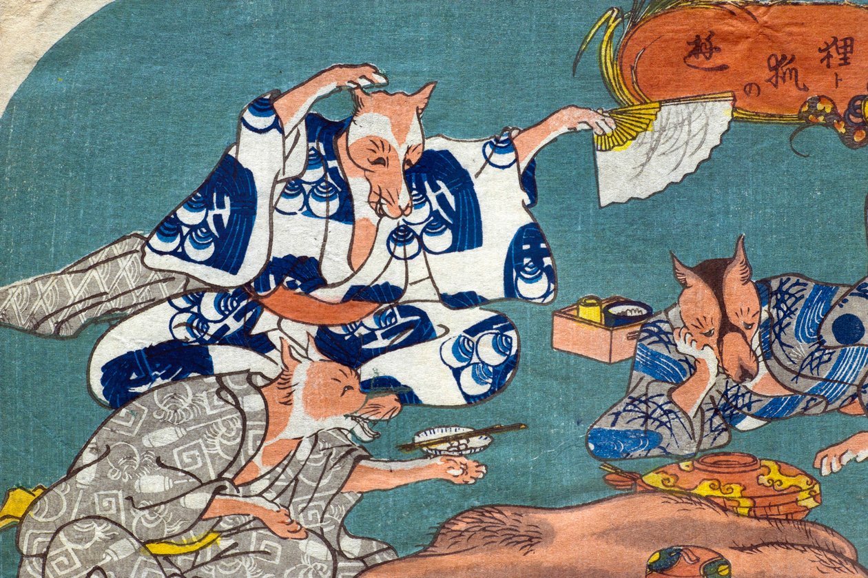 Racoon Dog and Fox at Play (Tanuki to kitsune no asobi), n.1842 tekijältä Utagawa Kuniyoshi