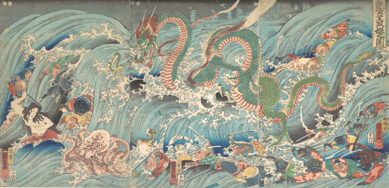 Varastetun jalokiven palauttaminen Lohikäärmekuninkaan palatsista, 1853. tekijältä Utagawa Kuniyoshi