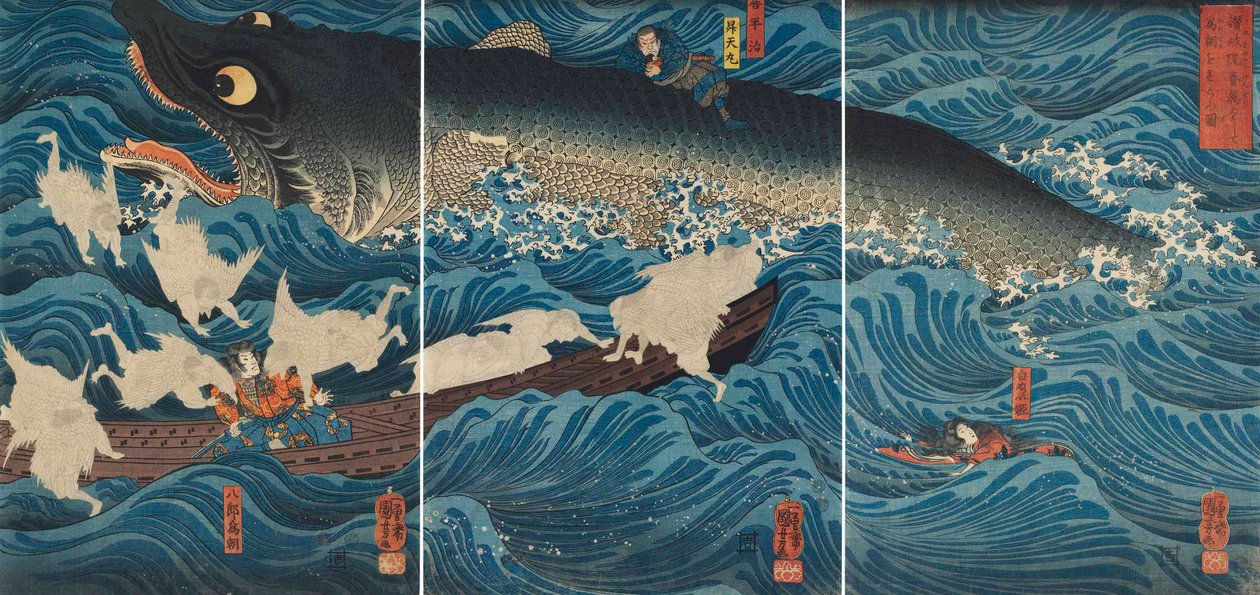 Figuuri, joka pelastaa Tametomon Sanukin jäsenten kautta, 1851. tekijältä Utagawa Kuniyoshi