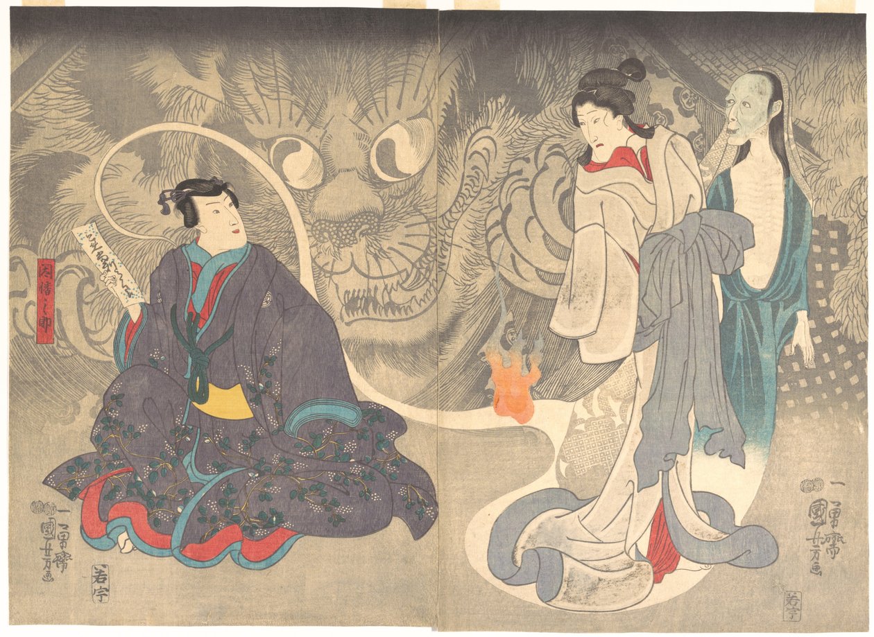 Kohtaus kummitustarinasta: Okazakin kissademoni tekijältä Utagawa Kuniyoshi
