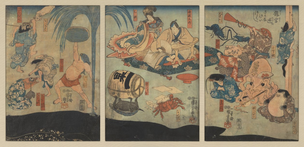 Merenelävät viihdyttävät Urashima Tarōa ja Oto Himeä Lohikäärmepalatsissa tekijältä Utagawa Kuniyoshi