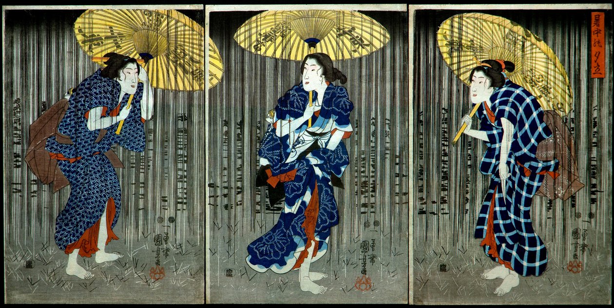 Äkillinen suihku kesähelteellä (Shochū no yūdachi), n. 1849-1851 tekijältä Utagawa Kuniyoshi