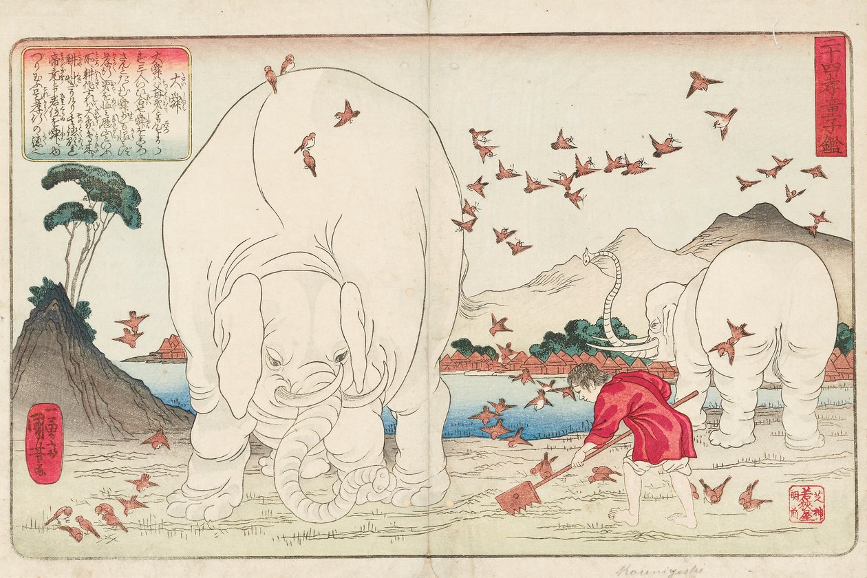 Taishun kaivaa peltoa norsujen ja varpusparven avulla, signeerattu Ichiyusai Kuniyoshi ga, n. 1843 (värillinen puupainatus) tekijältä Utagawa Kuniyoshi