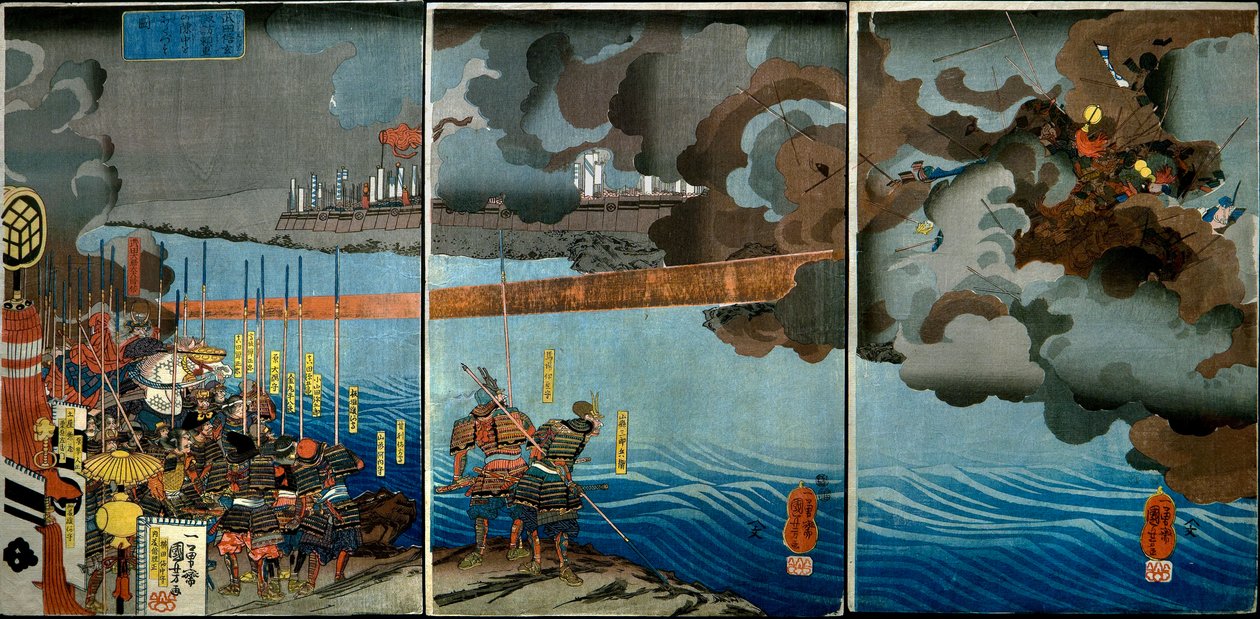 Takeda Shingen murskaa Suwa Yorishigen voimat (Takeda Shingen Suwa Yorishige no jinchū o uchi-kuzusu zu), n. 1850-51 tekijältä Utagawa Kuniyoshi