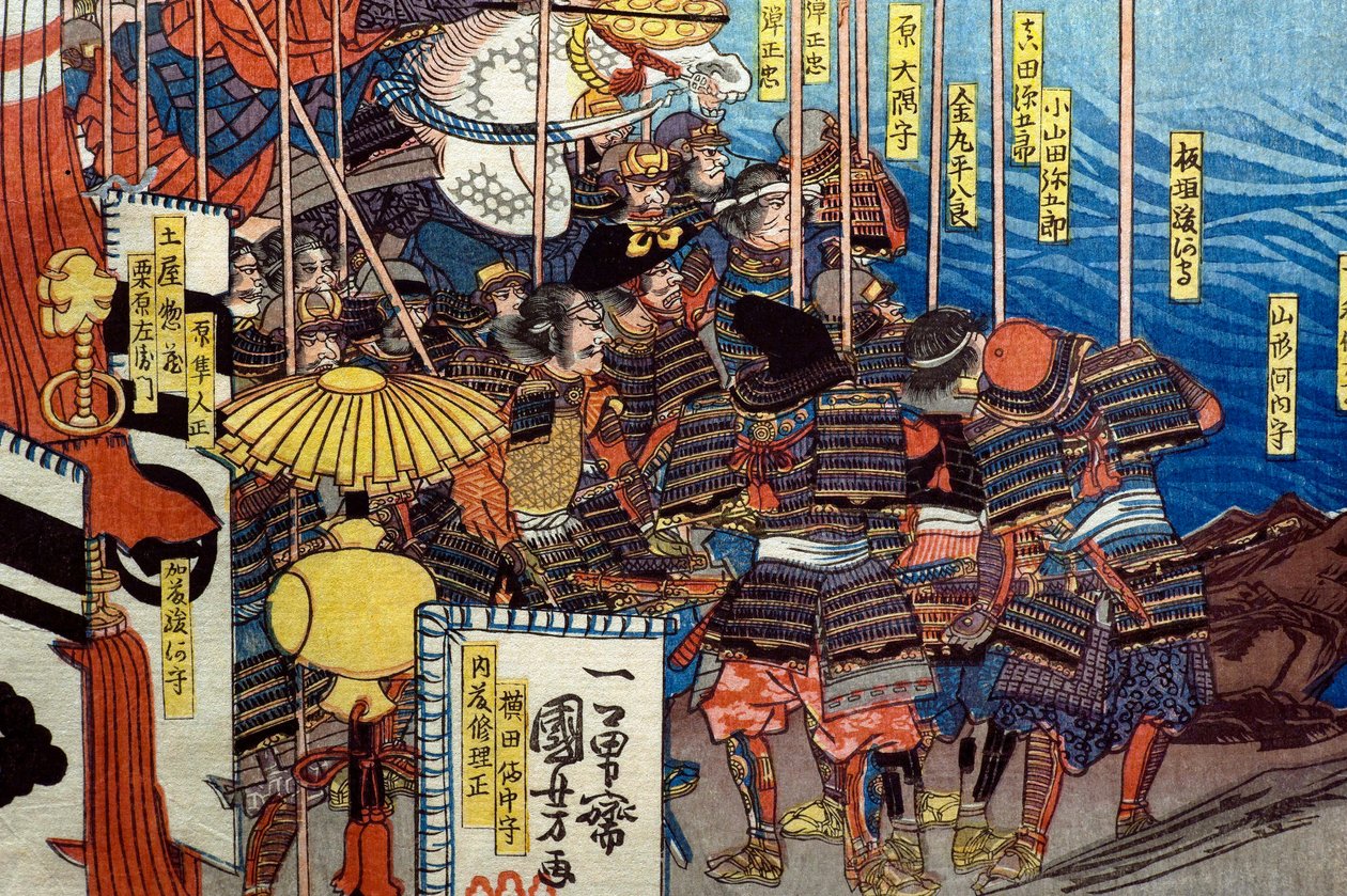 Takeda Shingen murskaa Suwa Yorishigen voimat (Takeda Shingen Suwa Yorishige no jinchū o uchi-kuzusu zu), n. 1850-51 tekijältä Utagawa Kuniyoshi