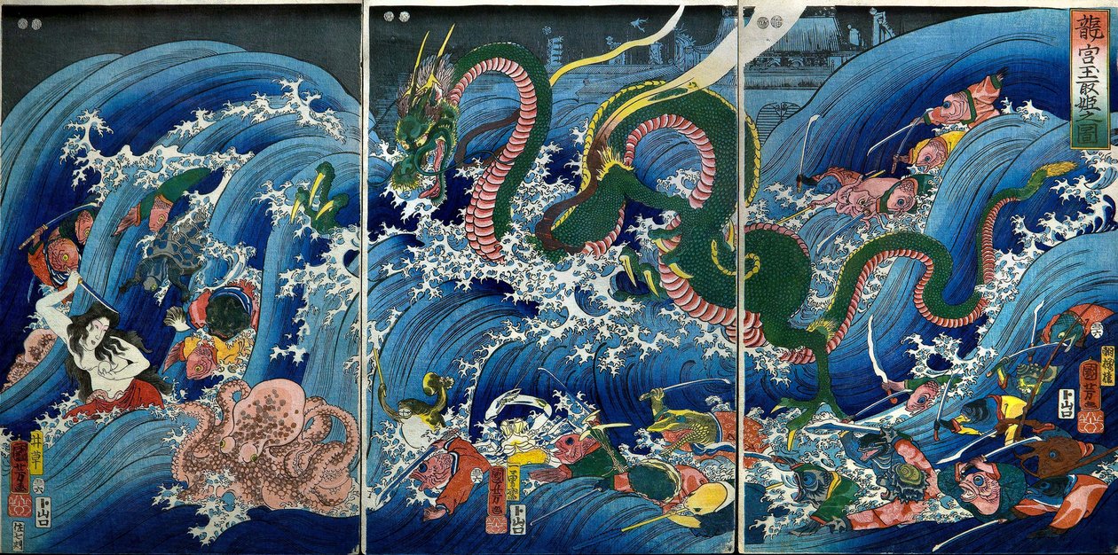 Tamatori-hime Pyhän jalokiven varastaminen lohikäärmepalatsista (Ryūgu Tamatori-hime no zu) tekijältä Utagawa Kuniyoshi
