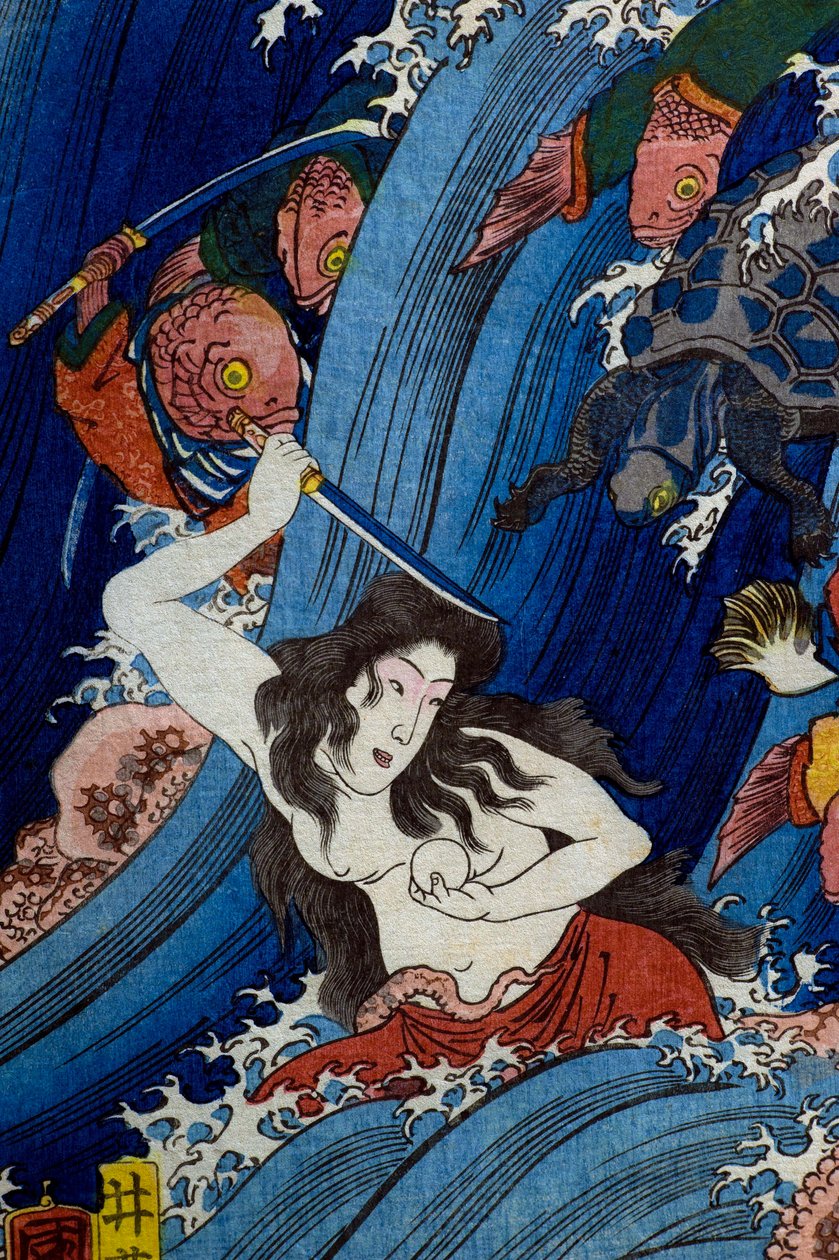 Tamatori-hime Pyhän jalokiven varastaminen lohikäärmepalatsista (Ryūgu Tamatori-hime no zu) tekijältä Utagawa Kuniyoshi