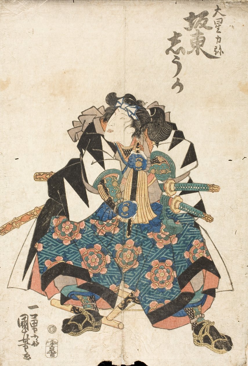 Näyttelijä Bandō Shūka Ōboshi Rikiyan roolissa näytelmässä Kanadehon Chūshingura tekijältä Utagawa Kuniyoshi