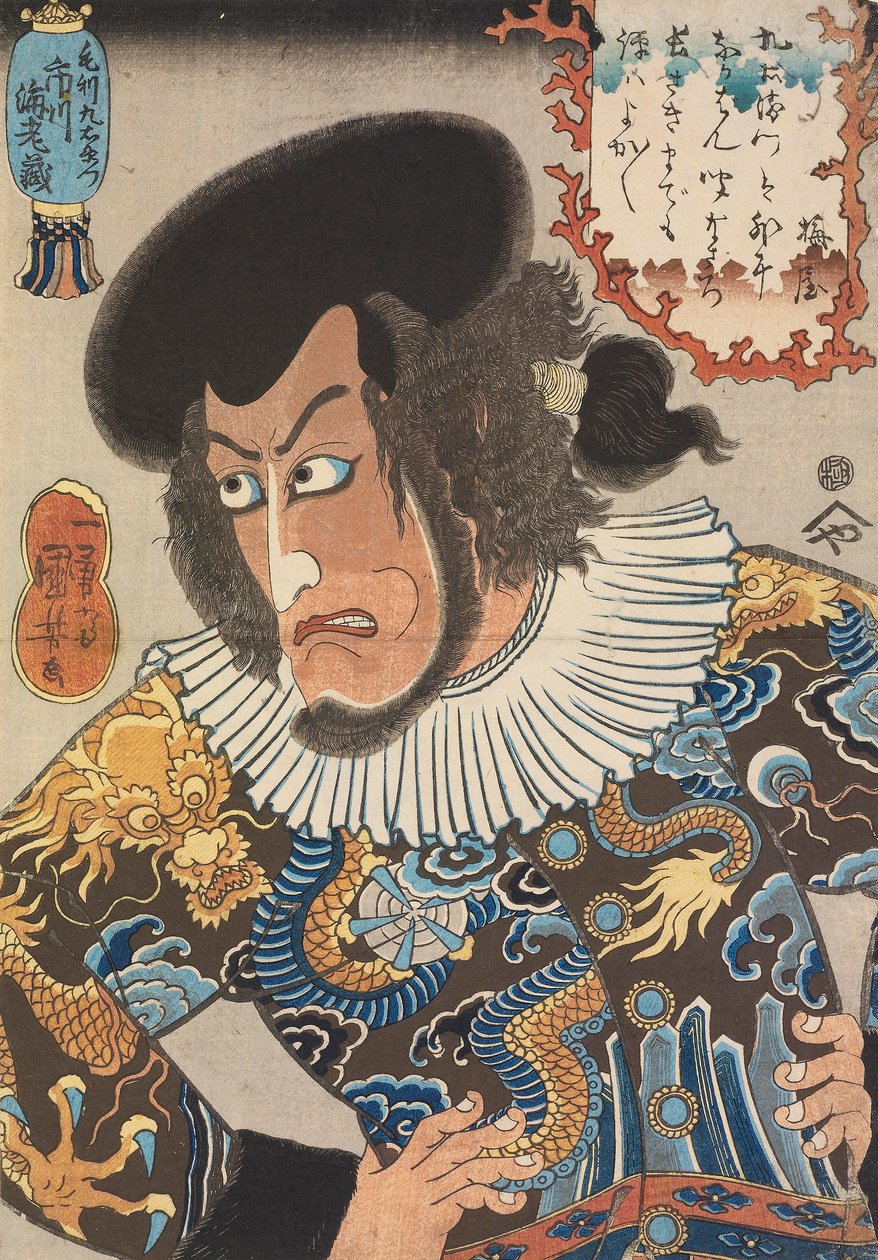 Näyttelijä Ichikawa Ebizo V Kezori Kuemonina, puukivivedos, julkaisija Fujiokaya Hikotaro (Shogendo), 8. kuukausi 1840 (värinen puupalikkaprintti) tekijältä Utagawa Kuniyoshi