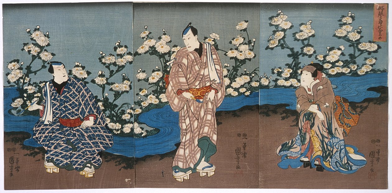 Näyttelijä Onoe Kikugorō III katselemassa krysanteemeja ja puroa tekijältä Utagawa Kuniyoshi