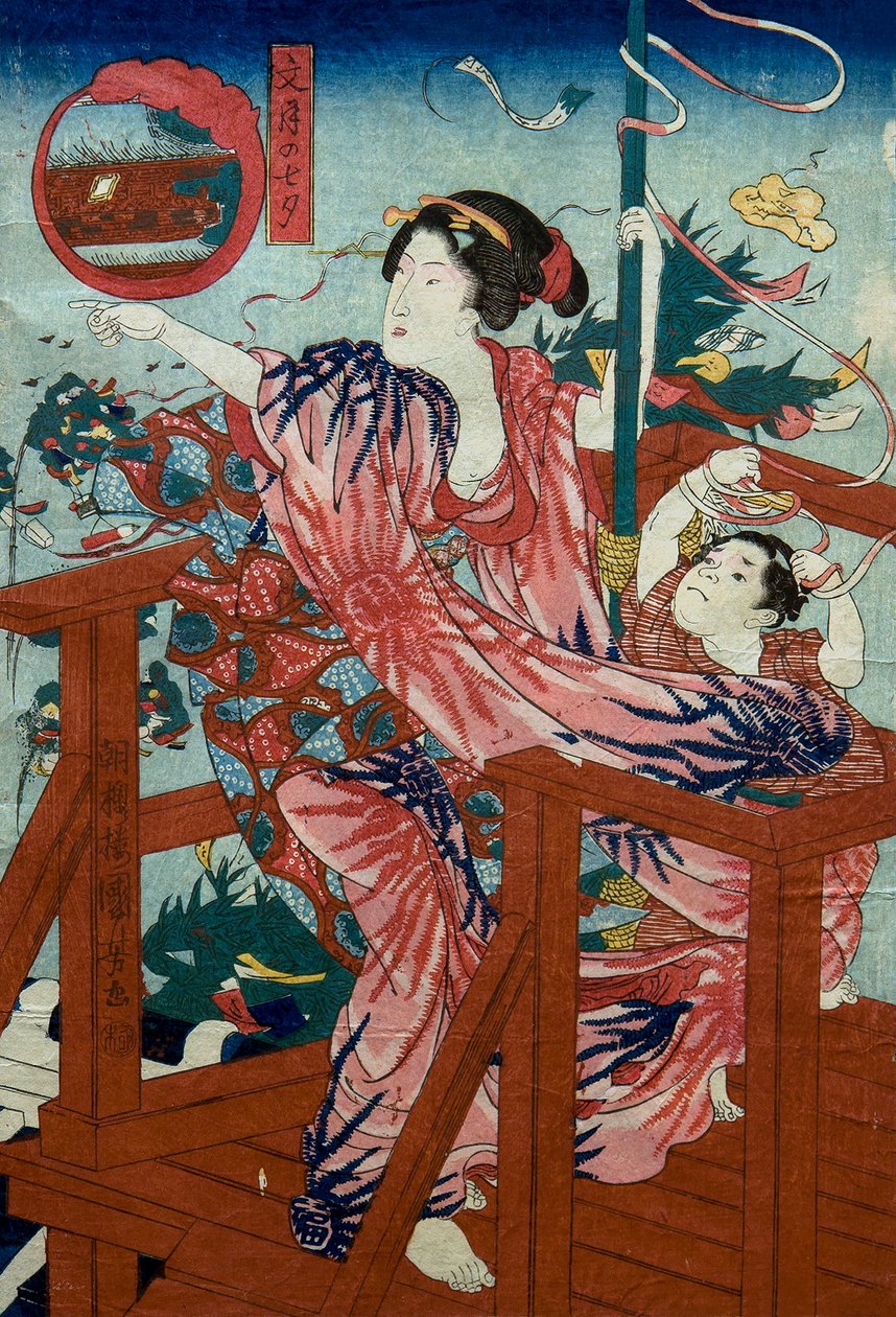 Seitsemännen kuukauden tähtifestivaali (Fumizuki no tanabata) Nimetön sarja naisia, joilla on lapsia kahdentoista kuukauden aikana, n. 1836 tekijältä Utagawa Kuniyoshi