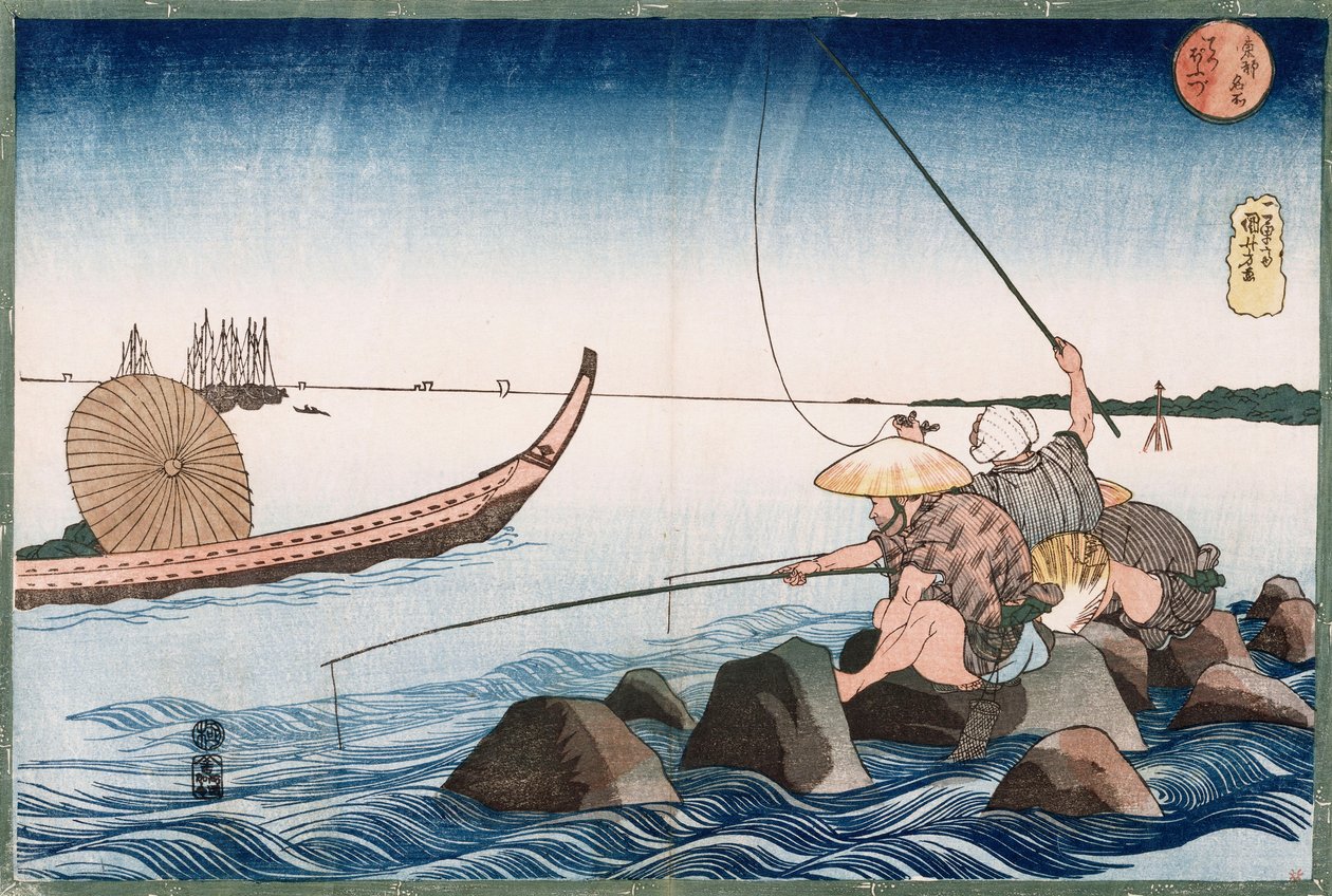 Kolme onkijaa kalastamassa Teppozussa, sarjasta "Itäpääkaupungin kuuluisat paikat" tekijältä Utagawa Kuniyoshi