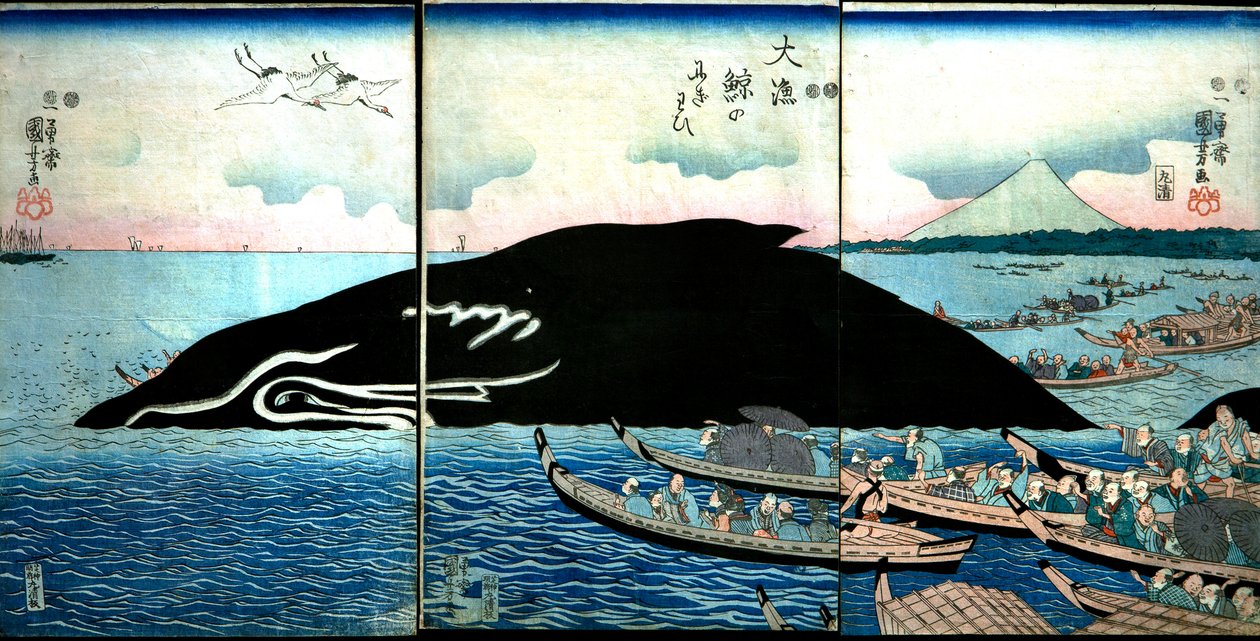 Ihmisjoukko vangitun valaan ympärillä tekijältä Utagawa Kuniyoshi