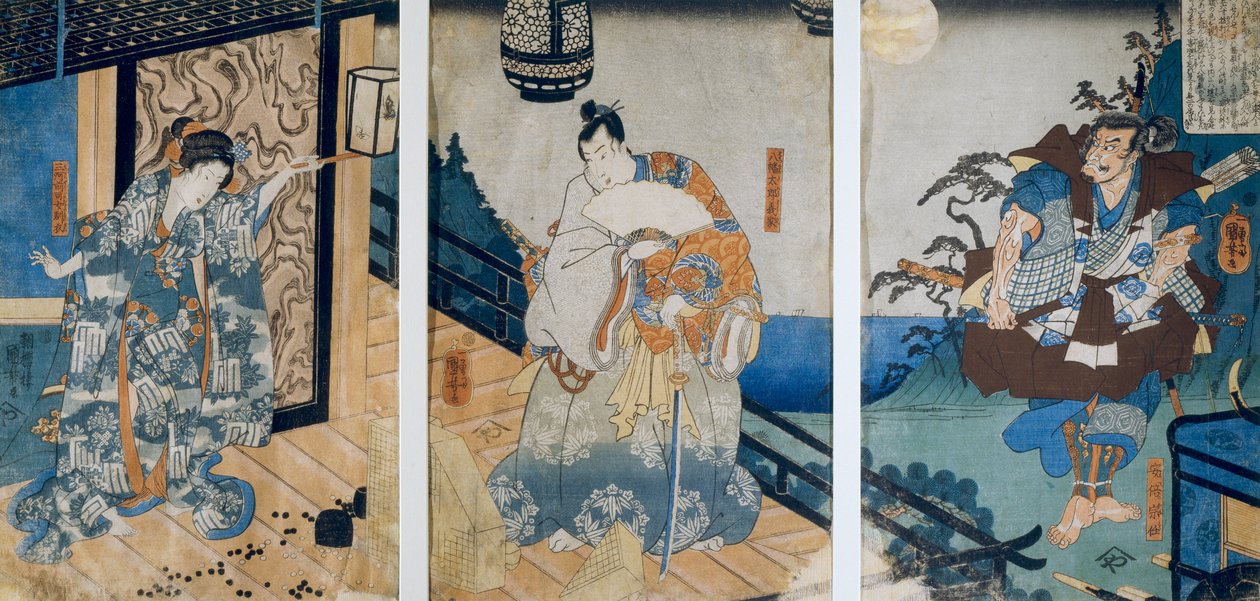 Triptyykki Coxingan seikkailuilla/ Watonai, Hachiman Taro Yoshie, Utagawa Kuniyoshi tekijältä Utagawa Kuniyoshi