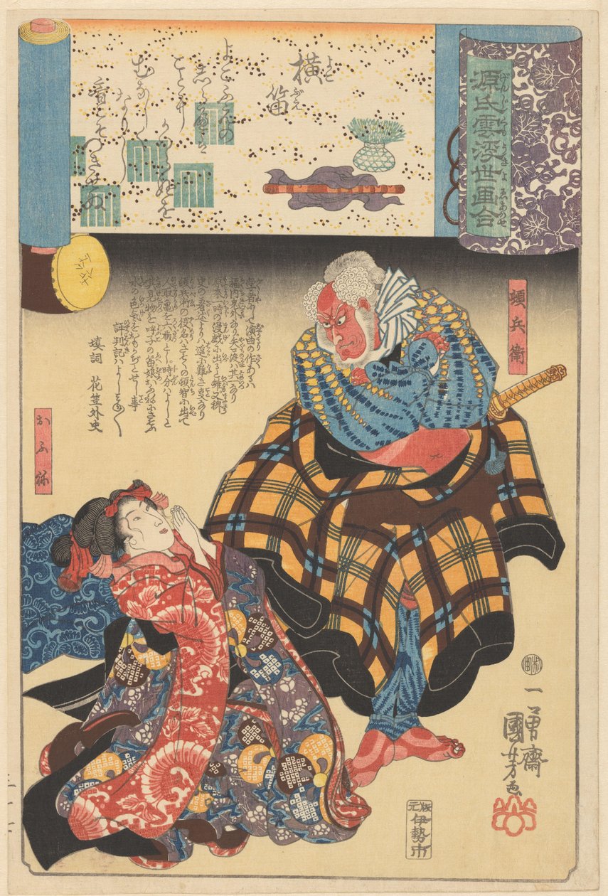 Ukiyo e vastaa Genjin pilvisiä lukuja (sarjan nimi esineellä) tekijältä Utagawa Kuniyoshi