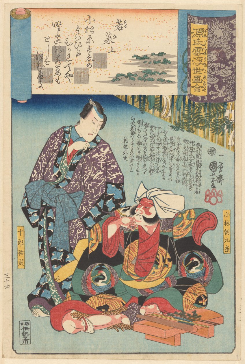 Ukiyo e vastaa Genjin pilvisiä lukuja (sarjan nimi esineellä) tekijältä Utagawa Kuniyoshi