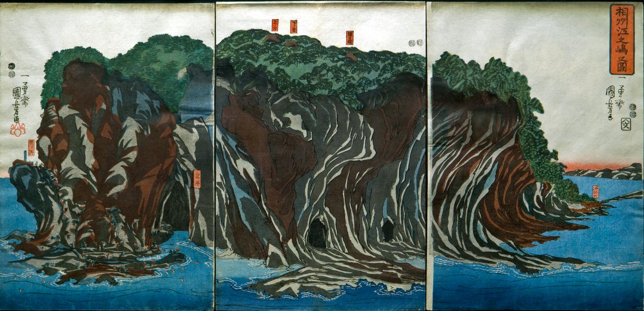 Näkymä Enoshimasta Sagamin maakunnassa (Sōshū Enoshima no zu), n. 1849-51 tekijältä Utagawa Kuniyoshi