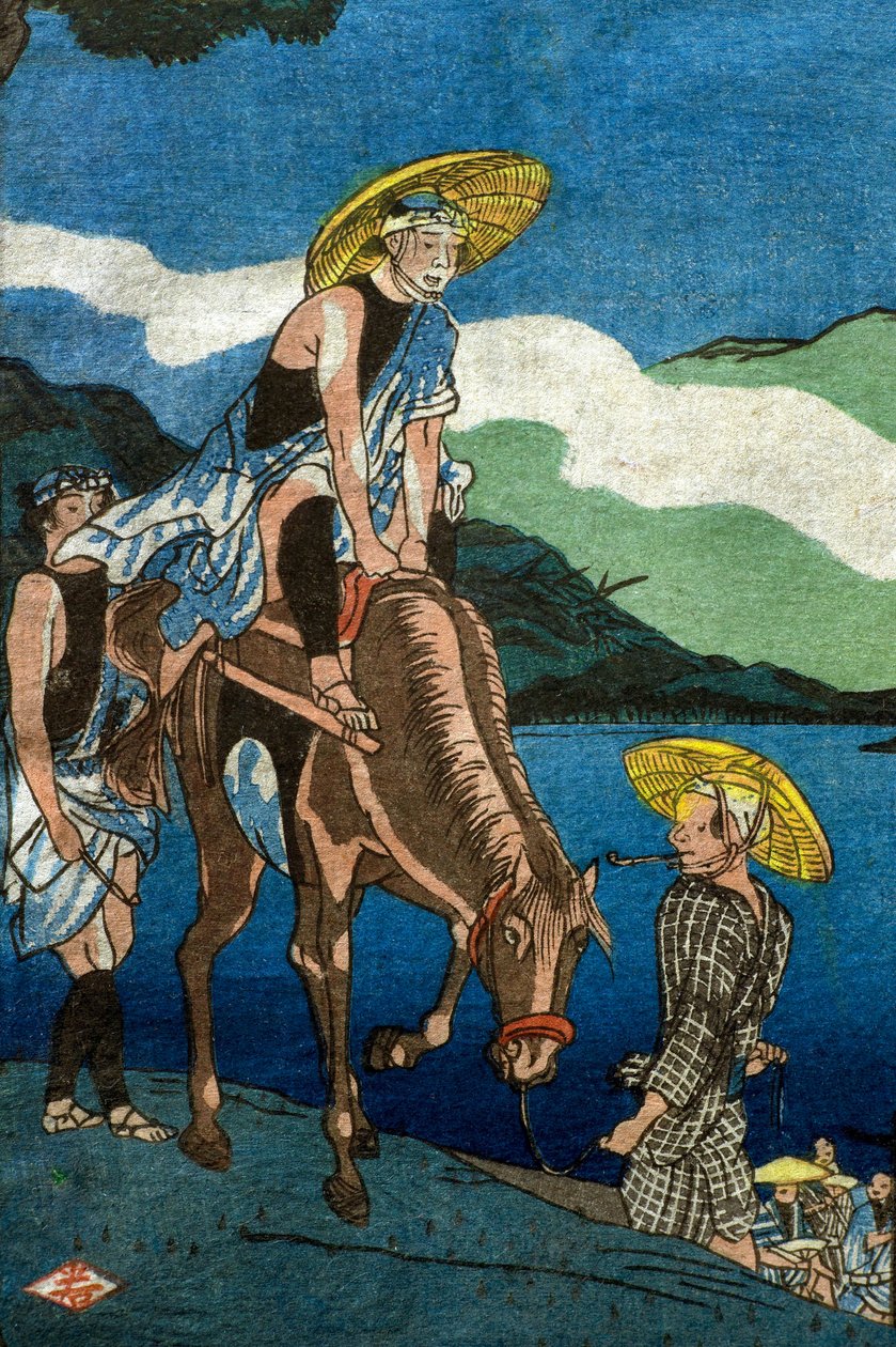 Näkymä Tamuran lautalle Ōyama Roadilla Sagamin maakunnassa (Sōshū Ōyama-dō Tamura no watashi no kei) tekijältä Utagawa Kuniyoshi