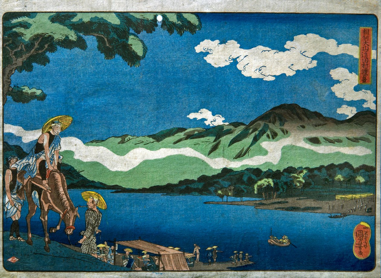 Näkymä Tamuran lautalle Ōyama Roadilla Sagamin maakunnassa (Sōshū Ōyama-dō Tamura no watashi no kei) tekijältä Utagawa Kuniyoshi