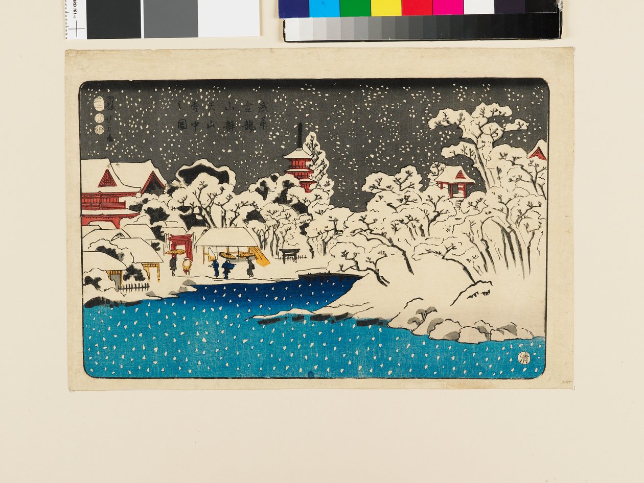 Näkymä lumeen Benten HIllillä, Kinryūzan-temppeli tekijältä Utagawa Kuniyoshi