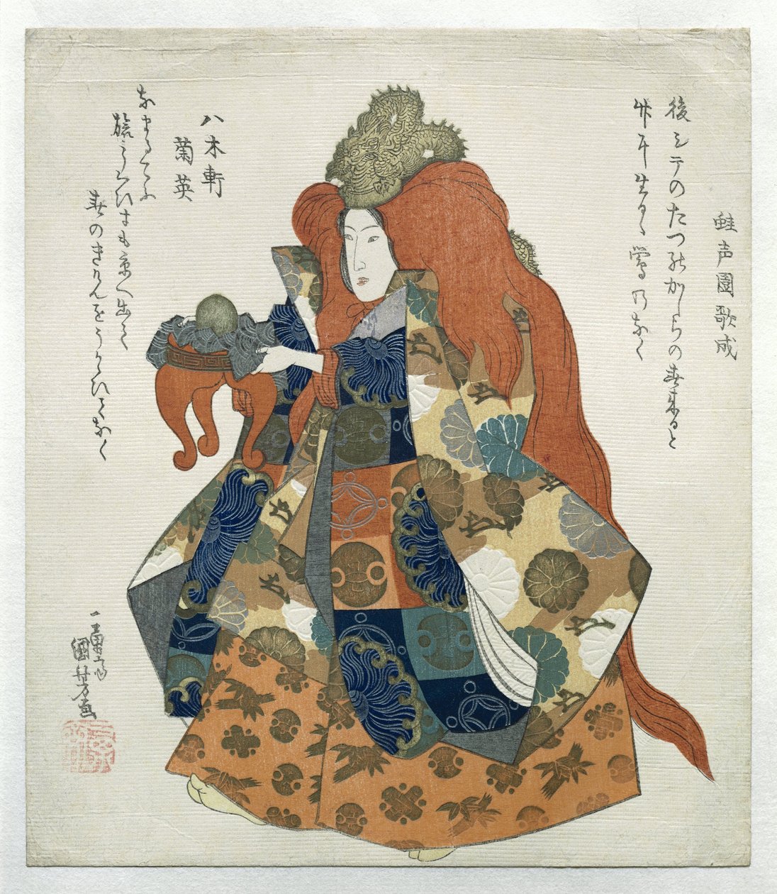 Nainen lohikäärmekruunulla ja tarjoilupöytä tekijältä Utagawa Kuniyoshi