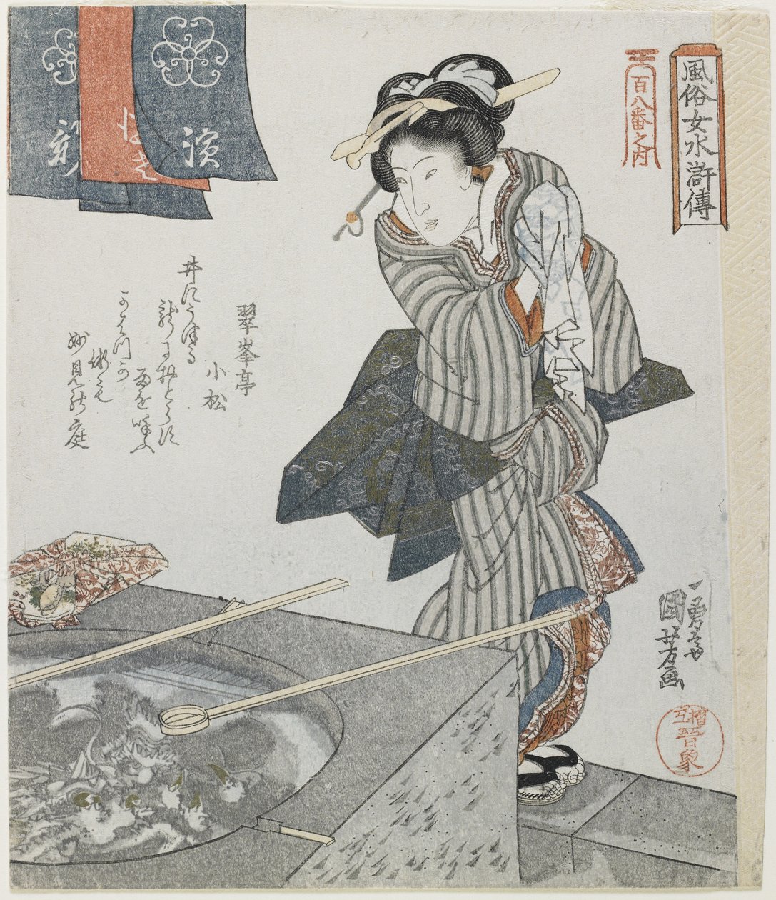 Käsienpesu Gongsun Shengin mitarina, c. 1828 tekijältä Utagawa Kuniyoshi