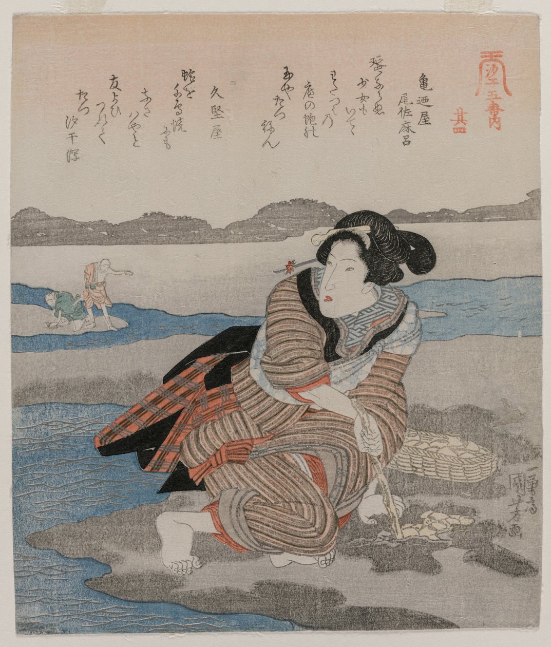 Nainen kaivaa simpukoita; sarjasta Five Pictures of Low Tide tekijältä Utagawa Kuniyoshi